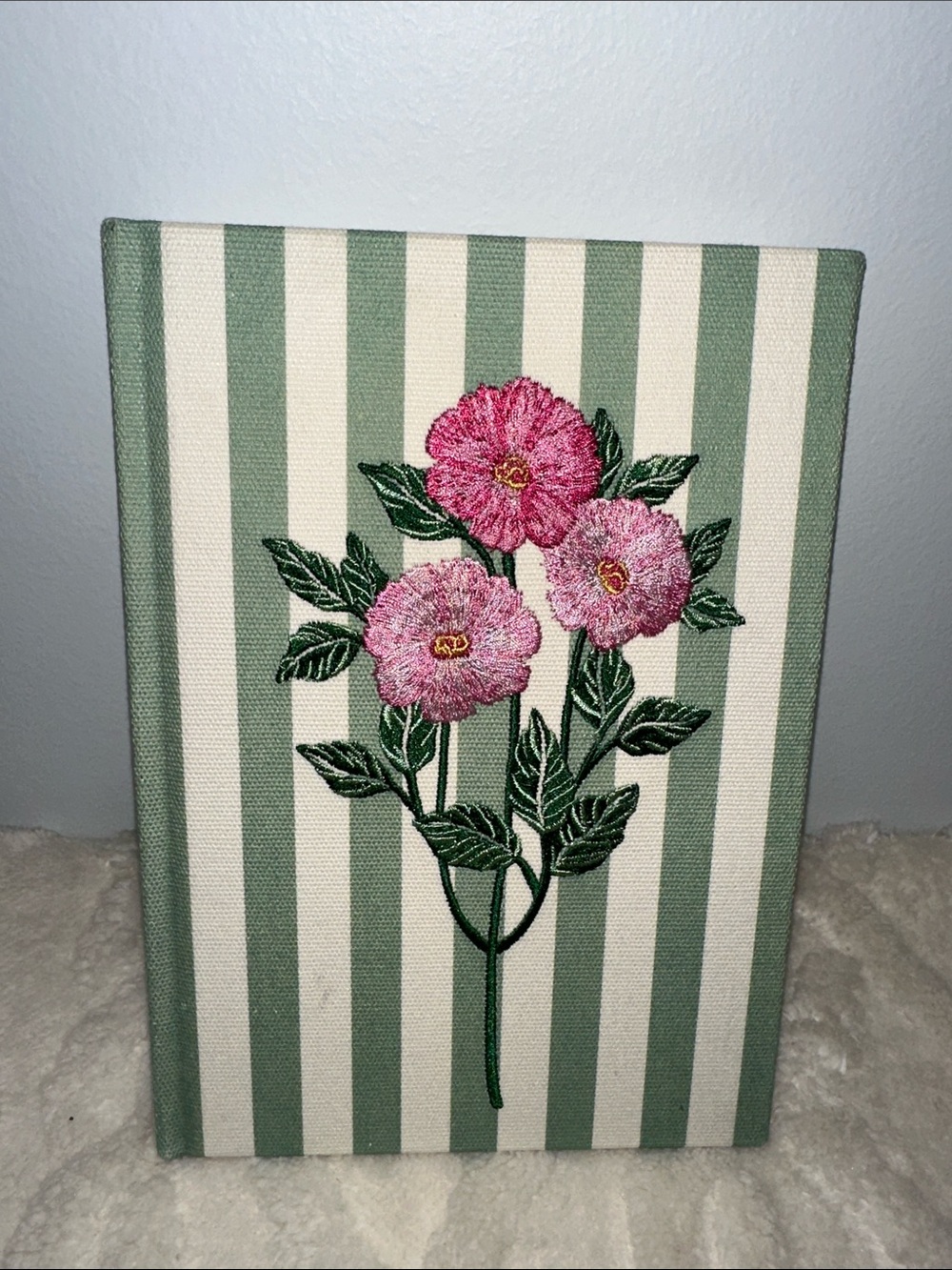PS White Green Stripes Embroidered Pink Floral hard cover lined pages journal